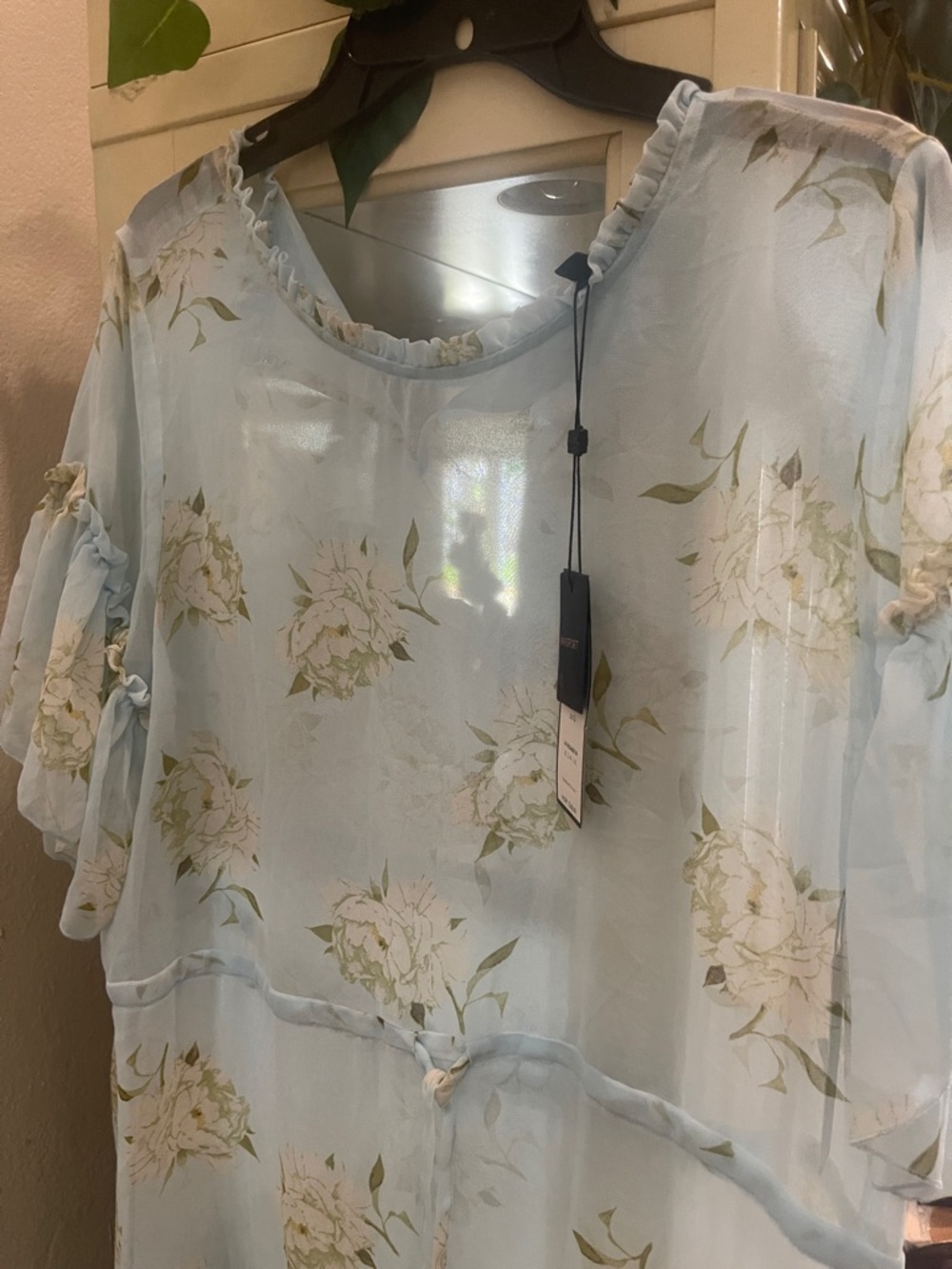 Light Blue Floral Midi Dress with Ruffle Neckline